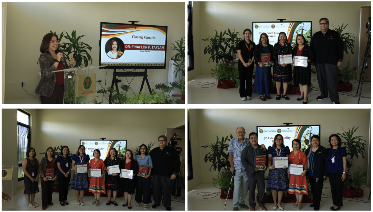 Participants gather to conclude the academic program review at the University of the Philippines Open University. (Photo 1, top left) Dean Finaflor Taylan delivers the closing remarks. (Photos 2-4) Reviewers and Self-Assessment Report writing teams for the MIH and DR&DM programs pose during a group photo opportunity.